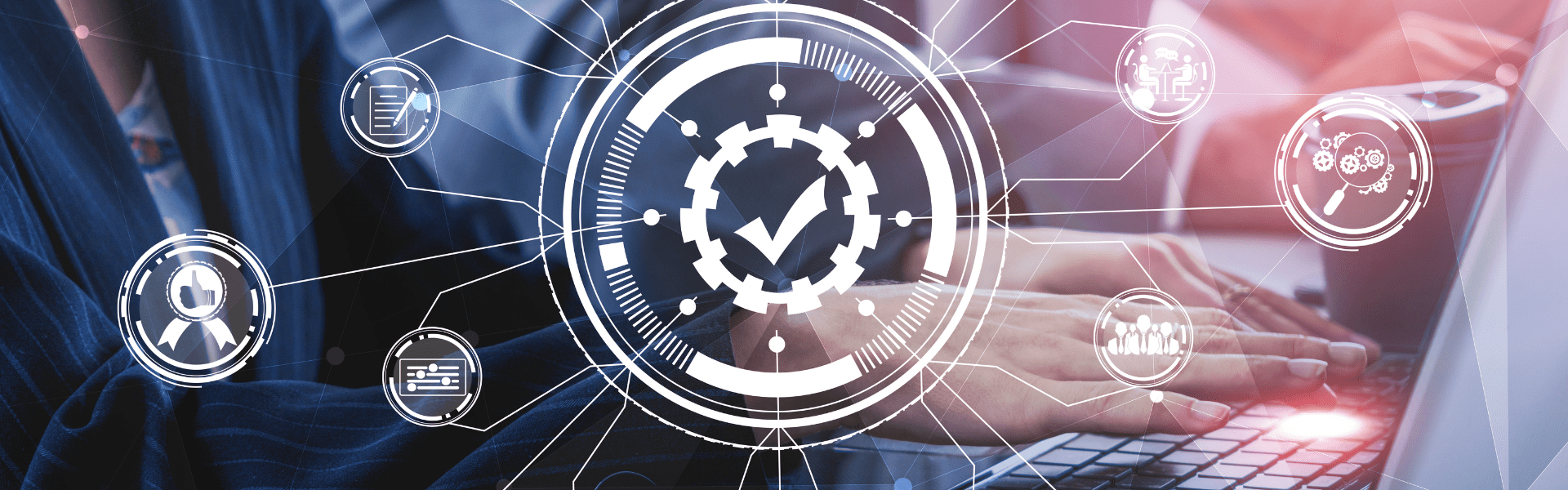 People using laptops with a holographic overlay