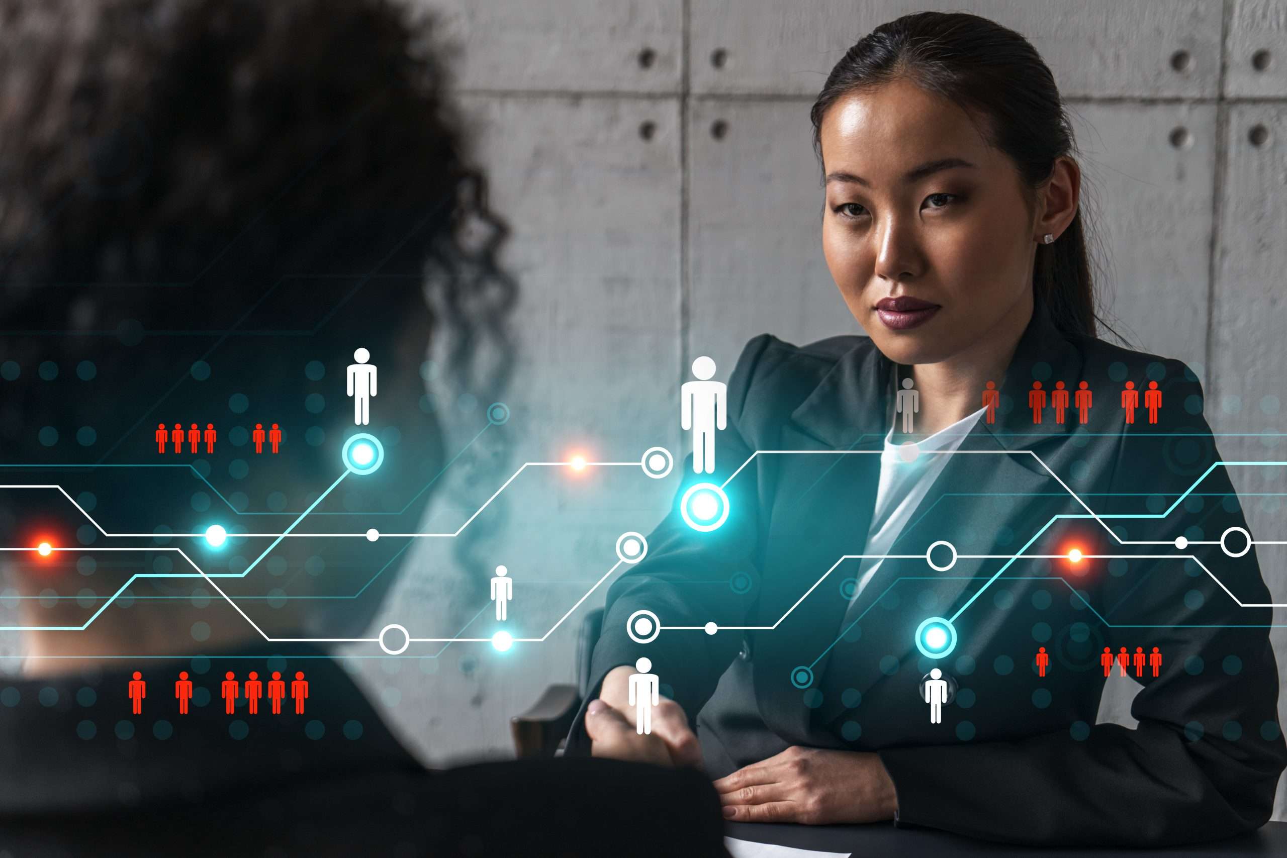 Two woman handshake. Social network hologram.